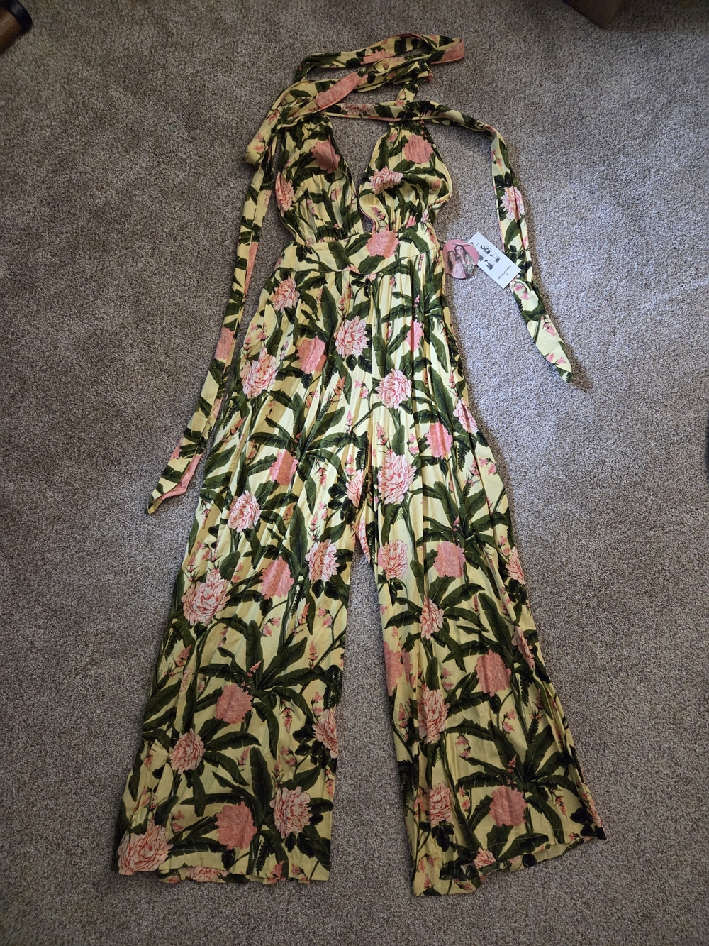Aguabendita X Target Peony Botanical Print Jumpsuit Halter Plunging Neck M- NWT